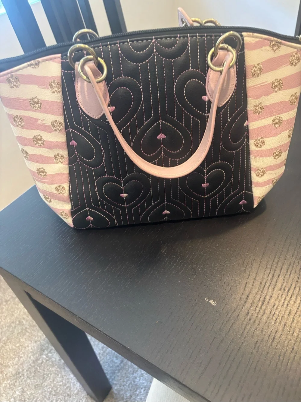 Betsy Johnson Quilted Heart Accent Tote Bag in Black and Pink